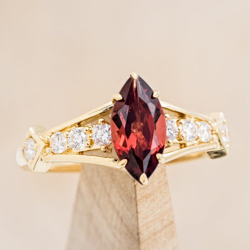 "PERSEPHONE" - BRIDAL SUITE - MARQUISE-CUT MOZAMBIQUE GARNET ENGAGEMENT RING WITH DIAMOND ACCENTS & TWO DIAMOND TRACERS-7