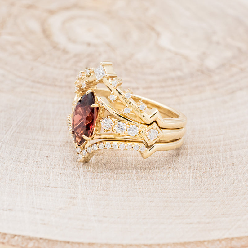 "PERSEPHONE" - BRIDAL SUITE - MARQUISE-CUT MOZAMBIQUE GARNET ENGAGEMENT RING WITH DIAMOND ACCENTS & TWO DIAMOND TRACERS-3