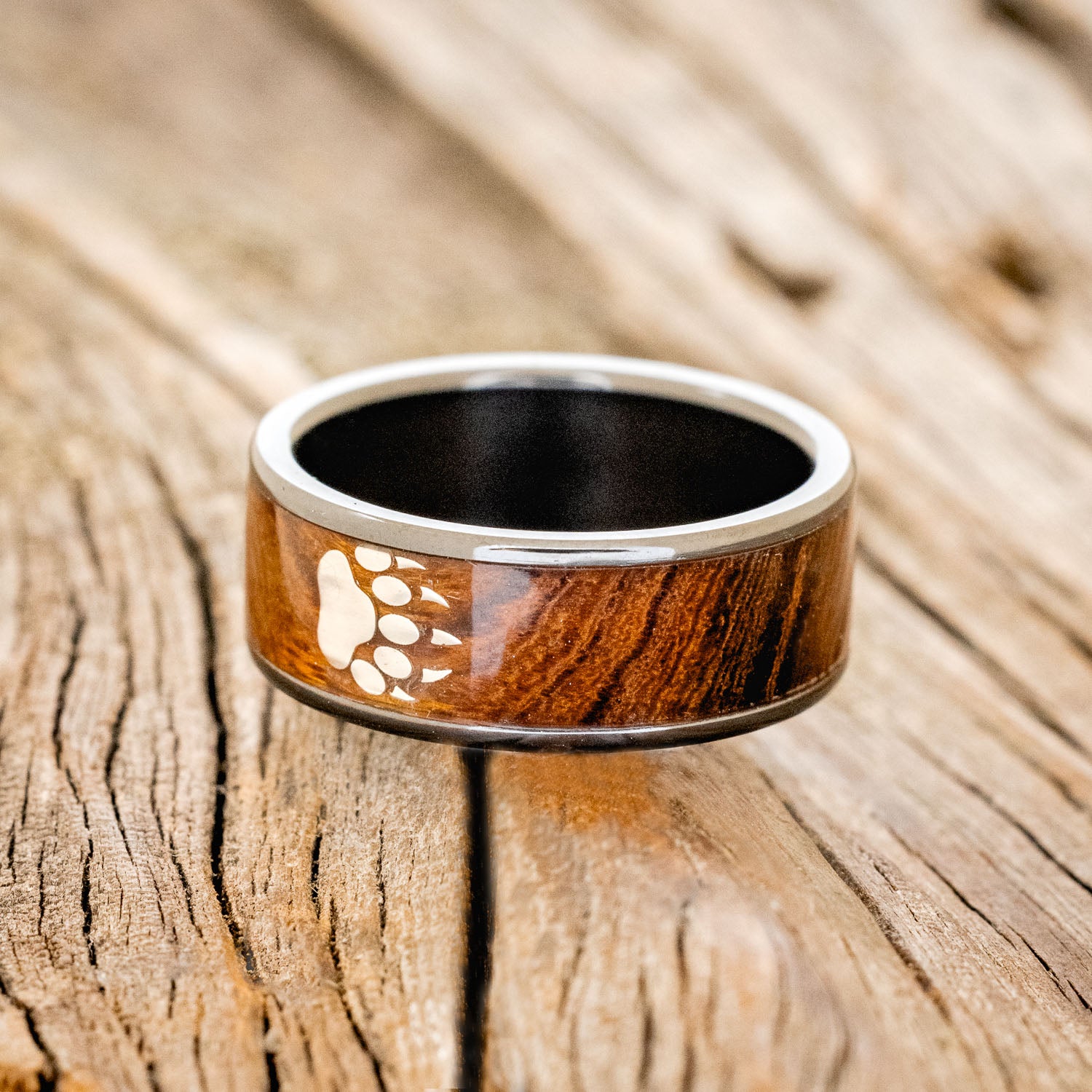 BEAR PAW ENGRAVED & IRONWOOD WEDDING RING-3