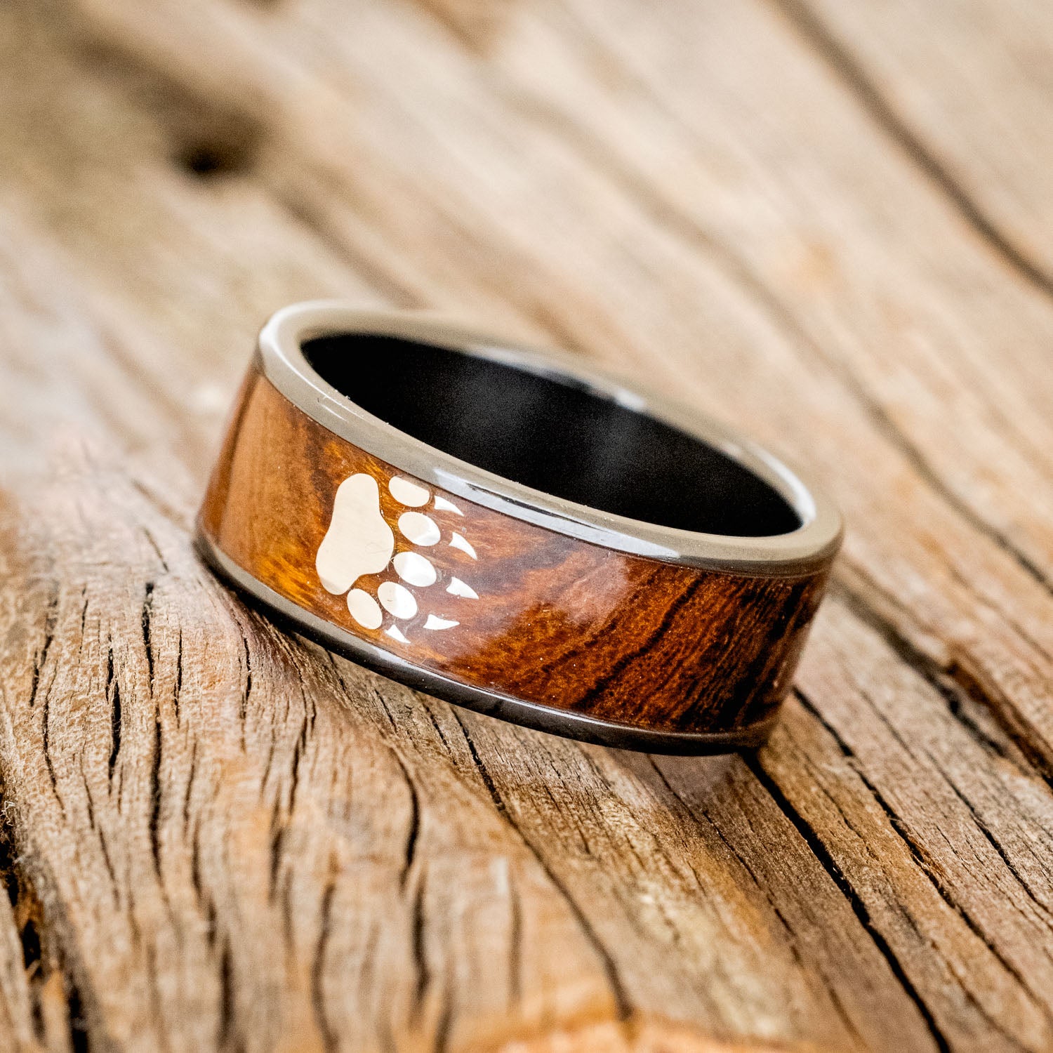 BEAR PAW ENGRAVED & IRONWOOD WEDDING RING-2