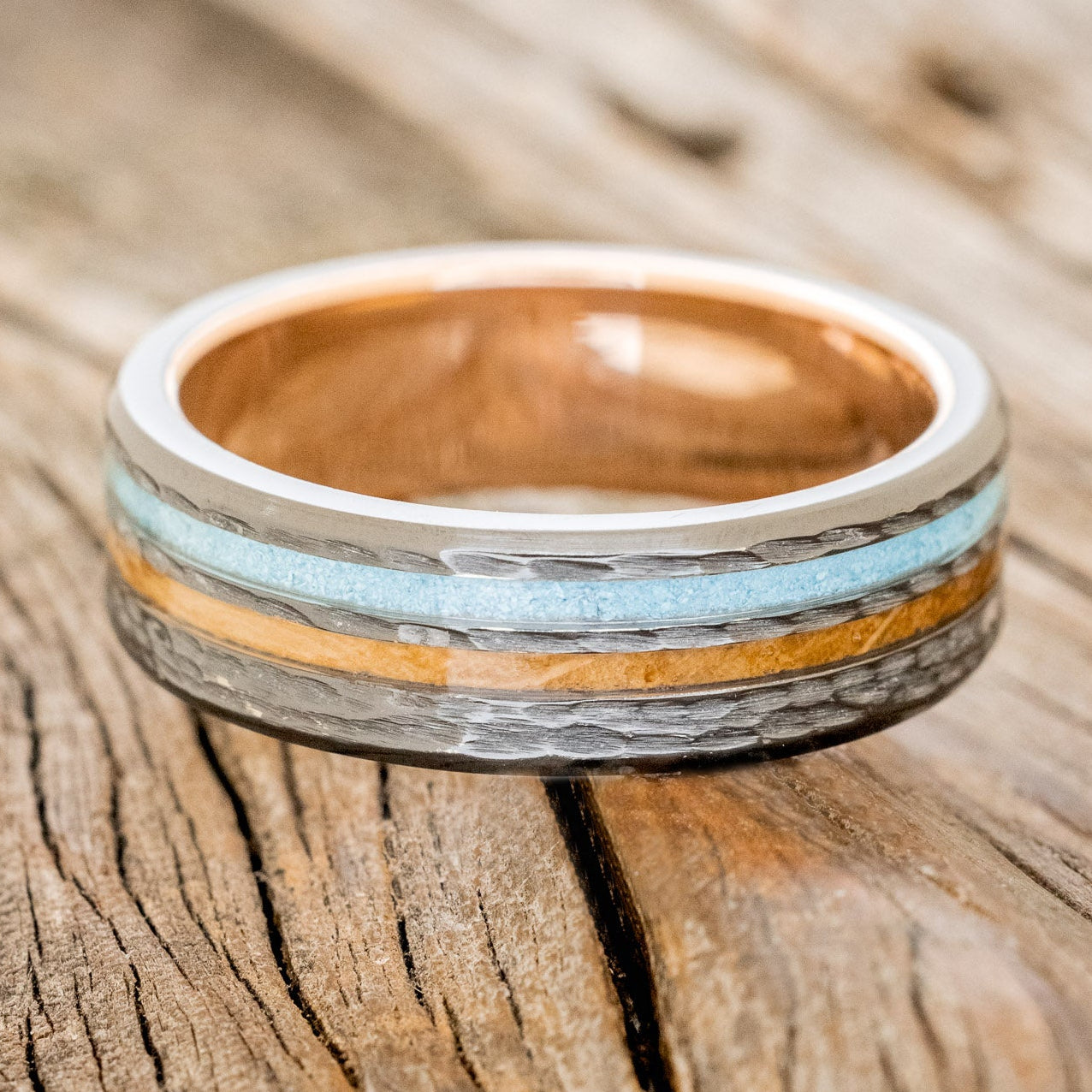 "COSMO" - WHISKEY BARREL OAK & TURQUOISE WEDDING RING FEATURING A HAMMERED BAND WITH A 14K GOLD LINING-3