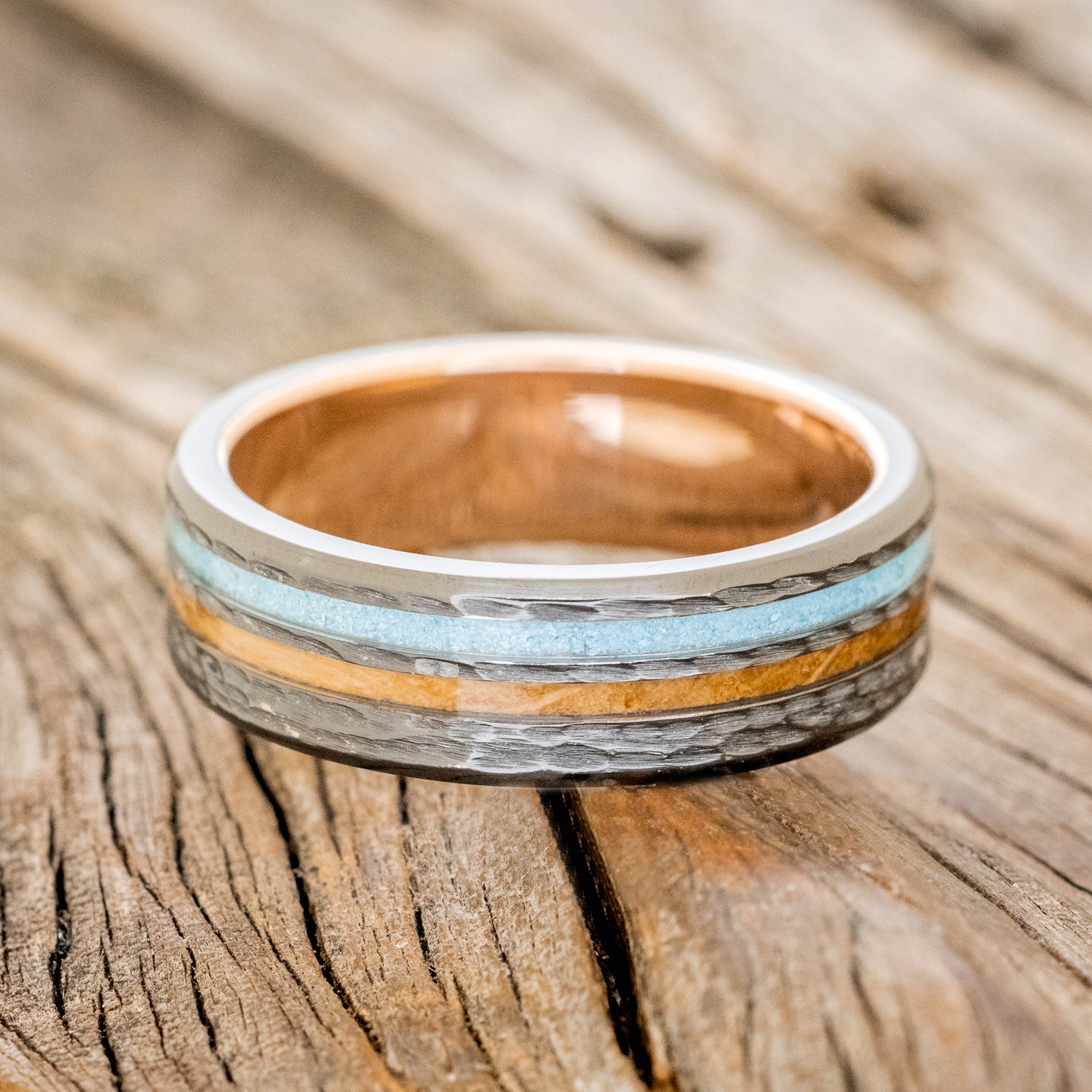"COSMO" - WHISKEY BARREL OAK & TURQUOISE WEDDING RING FEATURING A HAMMERED BAND WITH A 14K GOLD LINING-3