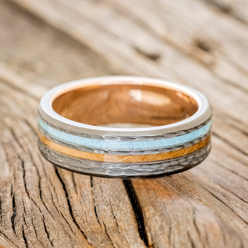 "COSMO" - WHISKEY BARREL OAK & TURQUOISE WEDDING RING FEATURING A HAMMERED BAND WITH A 14K GOLD LINING