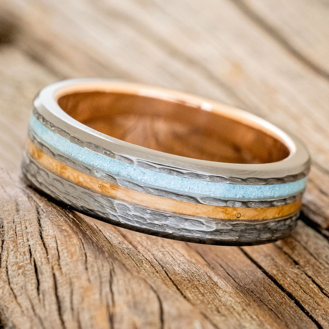 "COSMO" - WHISKEY BARREL OAK & TURQUOISE WEDDING RING FEATURING A HAMMERED BAND WITH A 14K GOLD LINING-2