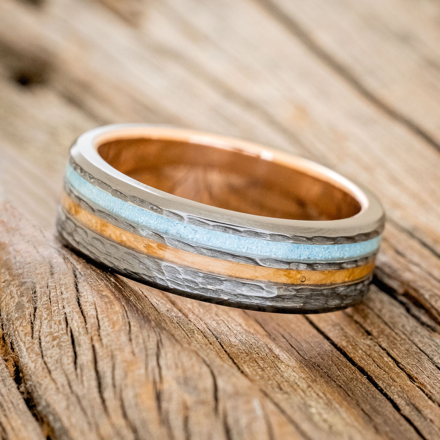 "COSMO" - WHISKEY BARREL OAK & TURQUOISE WEDDING RING FEATURING A HAMMERED BAND WITH A 14K GOLD LINING-2