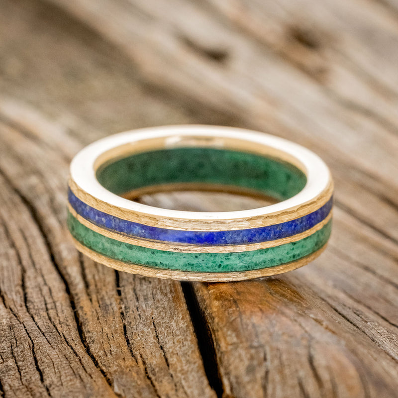 "RAPTOR" - LAPIS LAZULI & MALACHITE INLAY & LINING WEDDING BAND WITH A HAMMERED FINISH-3