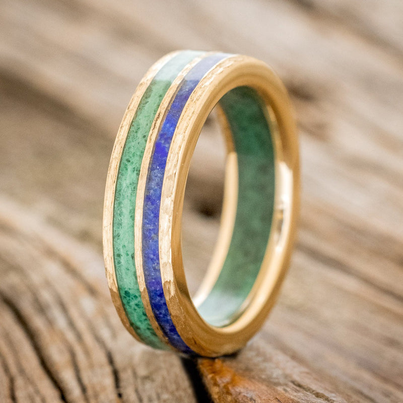 "RAPTOR" - LAPIS LAZULI & MALACHITE INLAY & LINING WEDDING BAND WITH A HAMMERED FINISH-1