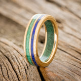 "RAPTOR" - LAPIS LAZULI & MALACHITE INLAY & LINING WEDDING BAND WITH A HAMMERED FINISH-4