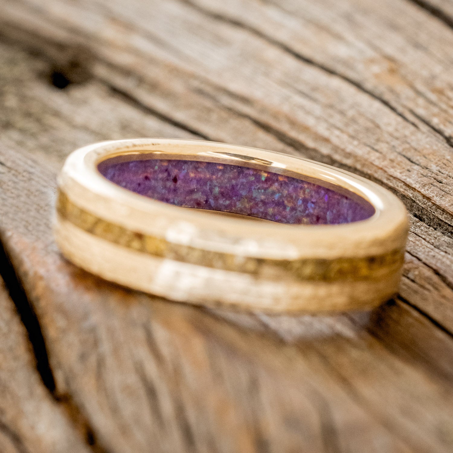 "VERTIGO" - GOLD NUGGETS INLAY WEDDING RING FEATURING A LAVENDER OPAL LINING WITH A HAMMERED FINISH-5
