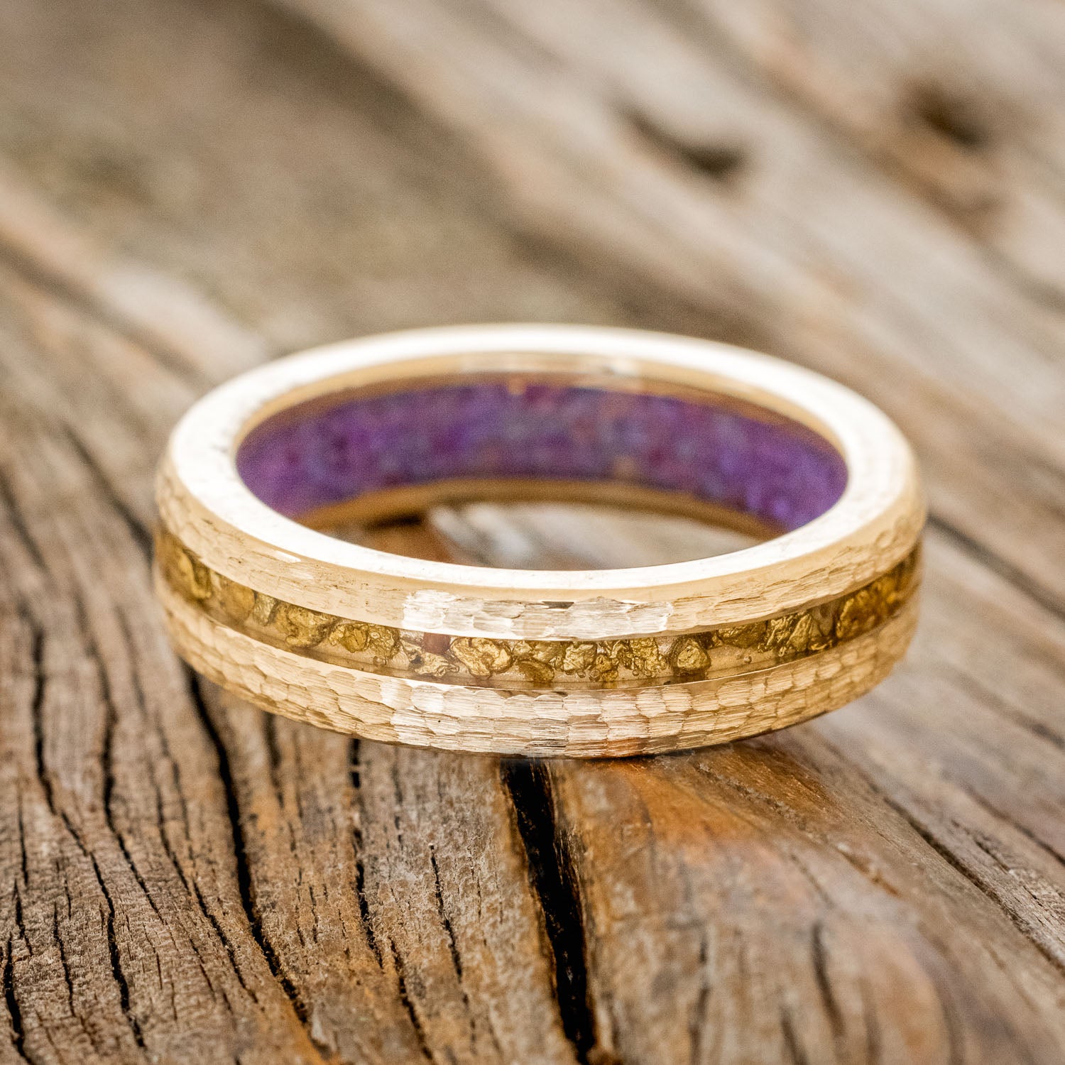 "VERTIGO" - GOLD NUGGETS INLAY WEDDING RING FEATURING A LAVENDER OPAL LINING WITH A HAMMERED FINISH-3