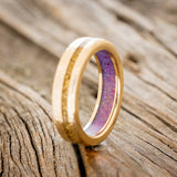 "VERTIGO" - GOLD NUGGETS INLAY WEDDING RING FEATURING A LAVENDER OPAL LINING WITH A HAMMERED FINISH