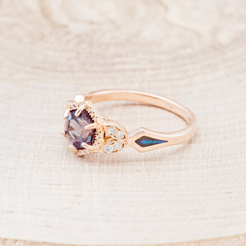 "LUCY IN THE SKY" PETITE - HEXAGON CUT LAB-GROWN ALEXANDRITE ENGAGEMENT RING WITH DIAMOND ACCENTS & COSMIC ACRYLIC INLAYS-4