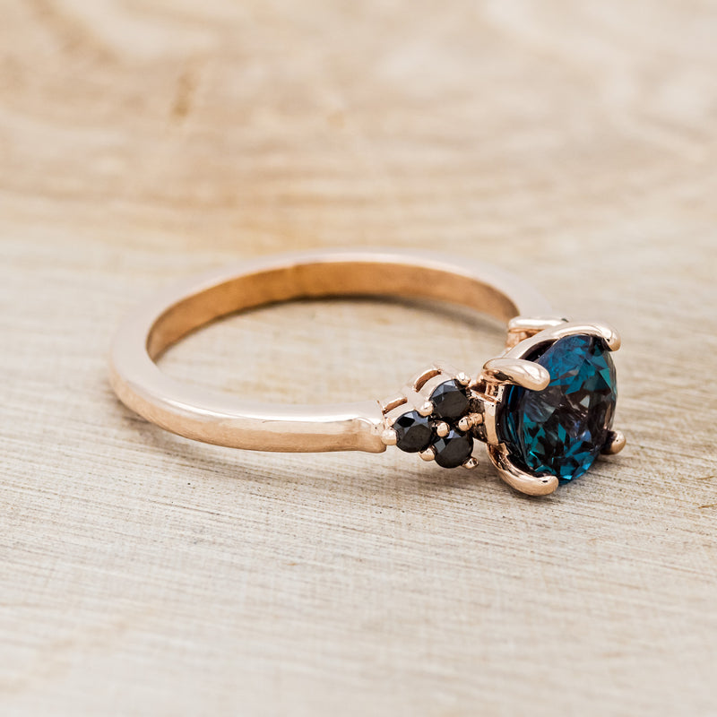 "MOXY" - ROUND CUT LAB-GROWN ALEXANDRITE ENGAGEMENT RING WITH BLACK DIAMOND ACCENTS