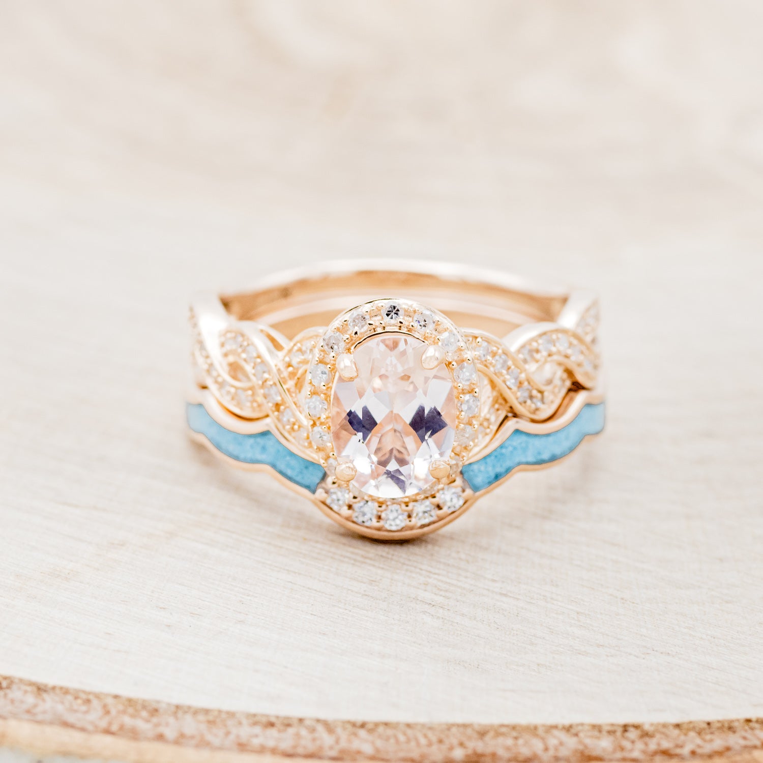 "CLAUDIA" - BRIDAL SUITE - OVAL MORGANITE ENGAGEMENT RING WITH DIAMOND ACCENTS & TRACERS-7