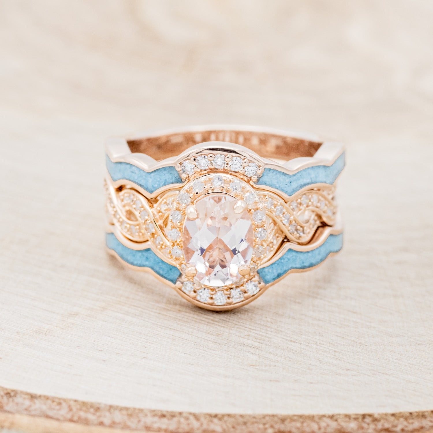 "CLAUDIA" - BRIDAL SUITE - OVAL MORGANITE ENGAGEMENT RING WITH DIAMOND ACCENTS & TRACERS-4