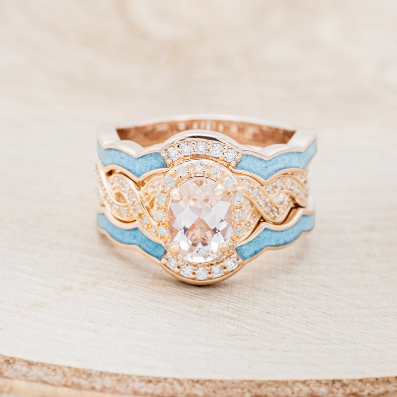 "CLAUDIA" - BRIDAL SUITE - OVAL MORGANITE ENGAGEMENT RING WITH DIAMOND ACCENTS & TRACERS