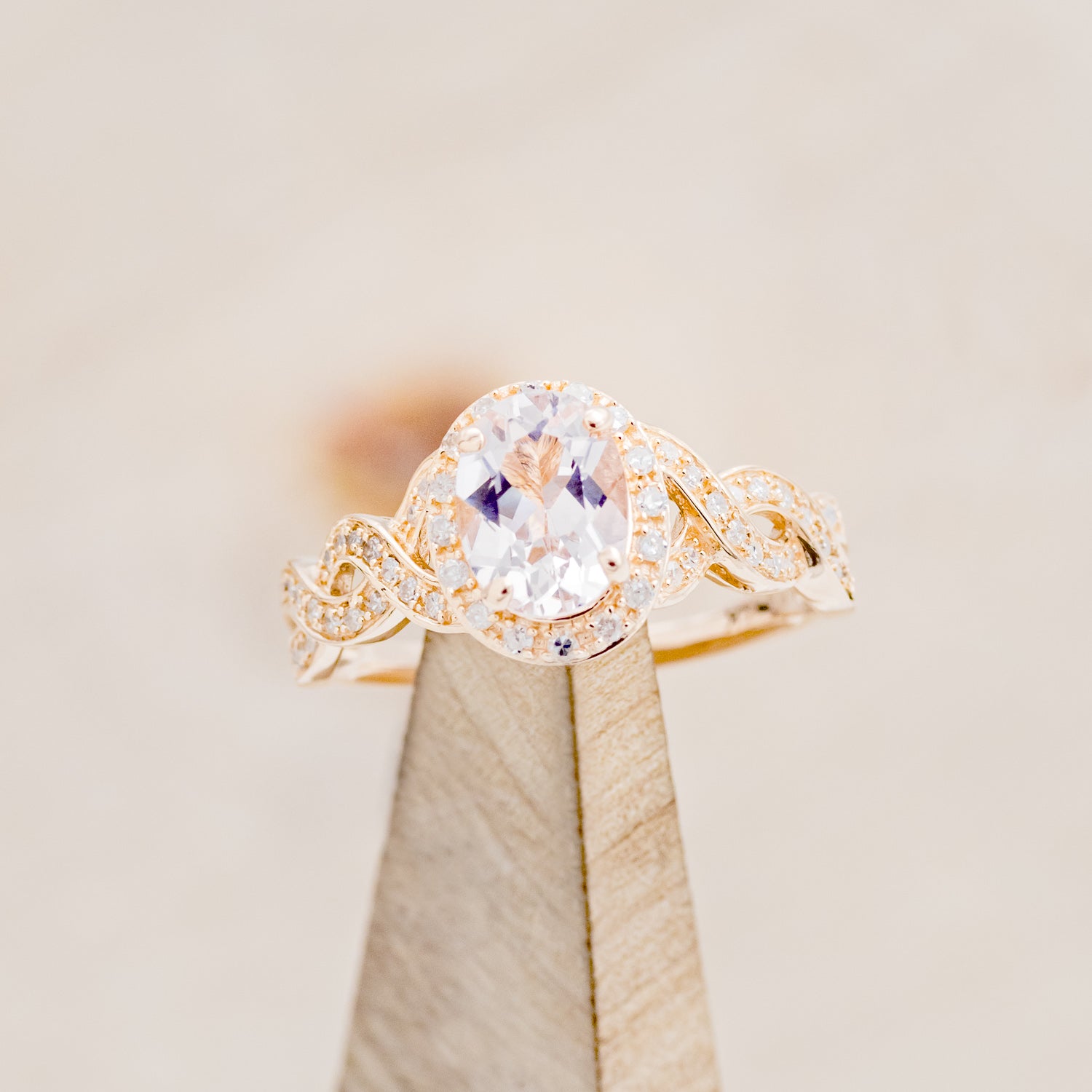 "CLAUDIA" - BRIDAL SUITE - OVAL MORGANITE ENGAGEMENT RING WITH DIAMOND ACCENTS & TRACERS-8
