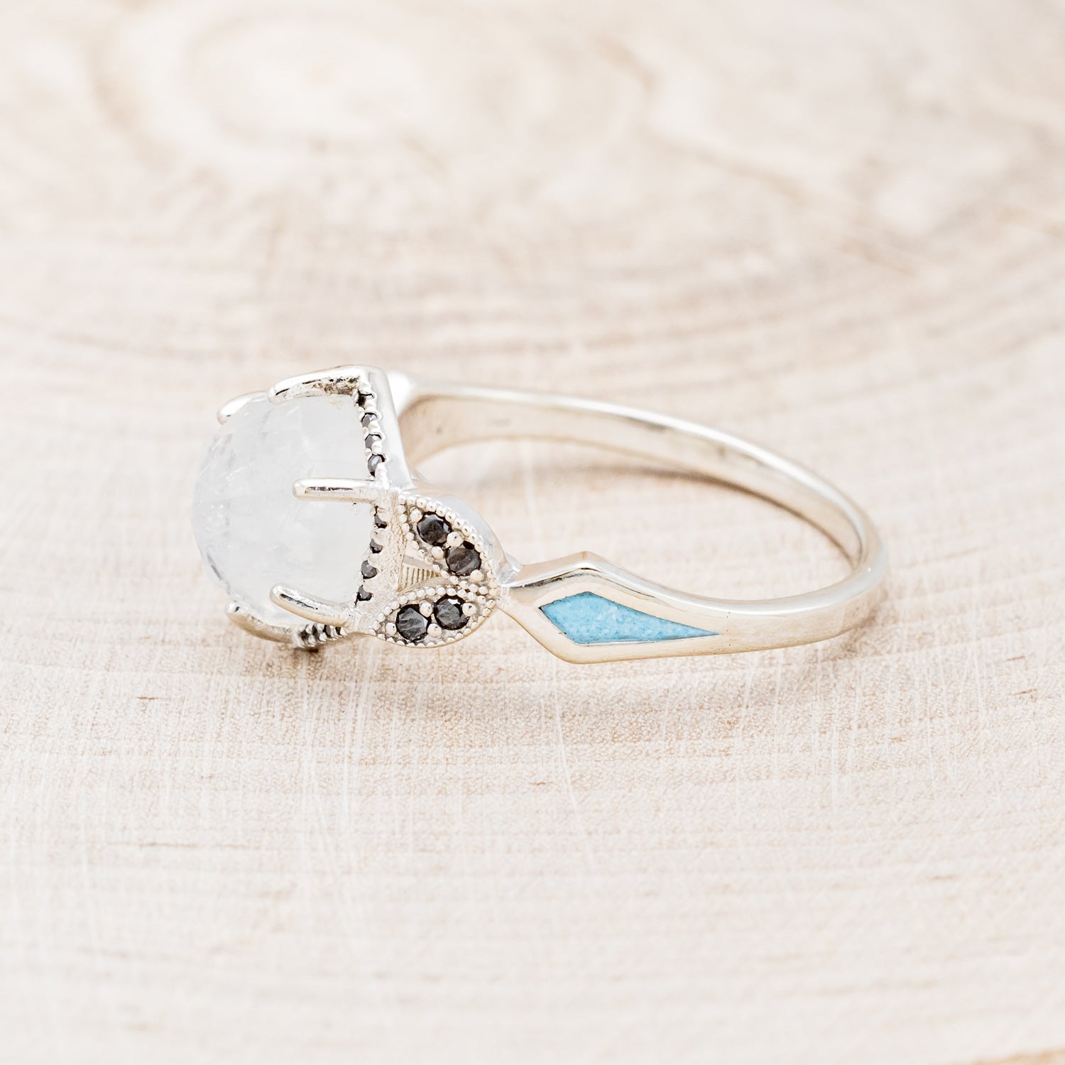 "LUCY IN THE SKY" - FACETED HEXAGON MOONSTONE ENGAGEMENT RING WITH BLACK DIAMOND HALO & TURQUOISE INLAYS-3