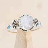 "LUCY IN THE SKY" - FACETED HEXAGON MOONSTONE ENGAGEMENT RING WITH BLACK DIAMOND HALO & TURQUOISE INLAYS