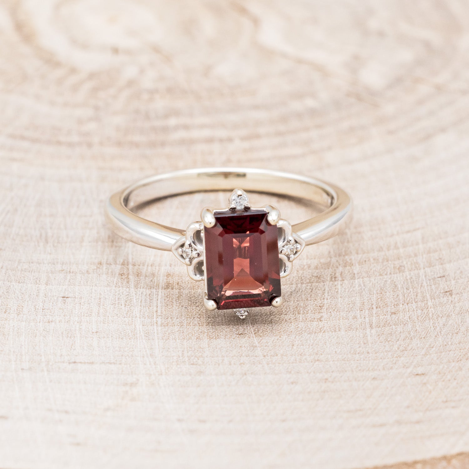 "ZELLA" - EMERALD-CUT MOZAMBIQUE GARNET ENGAGEMENT RING WITH DIAMOND ACCENTS-4