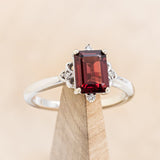 "ZELLA" - EMERALD-CUT MOZAMBIQUE GARNET ENGAGEMENT RING WITH DIAMOND ACCENTS- 14K WHITE GOLD - SIZE 7