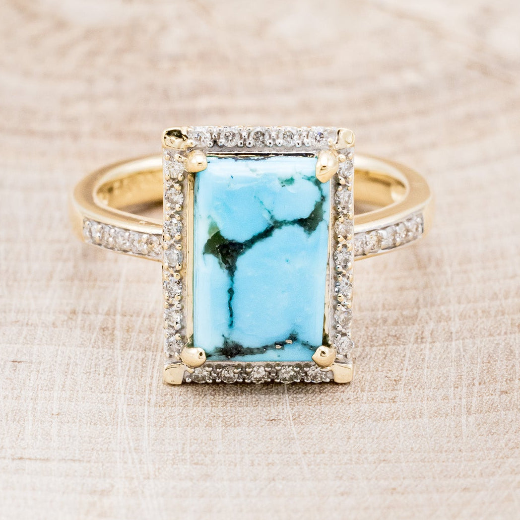 "SIENNA" - EMERALD CUT TURQUOISE ENGAGEMENT RING WITH DIAMOND HALO & ACCENTS-4