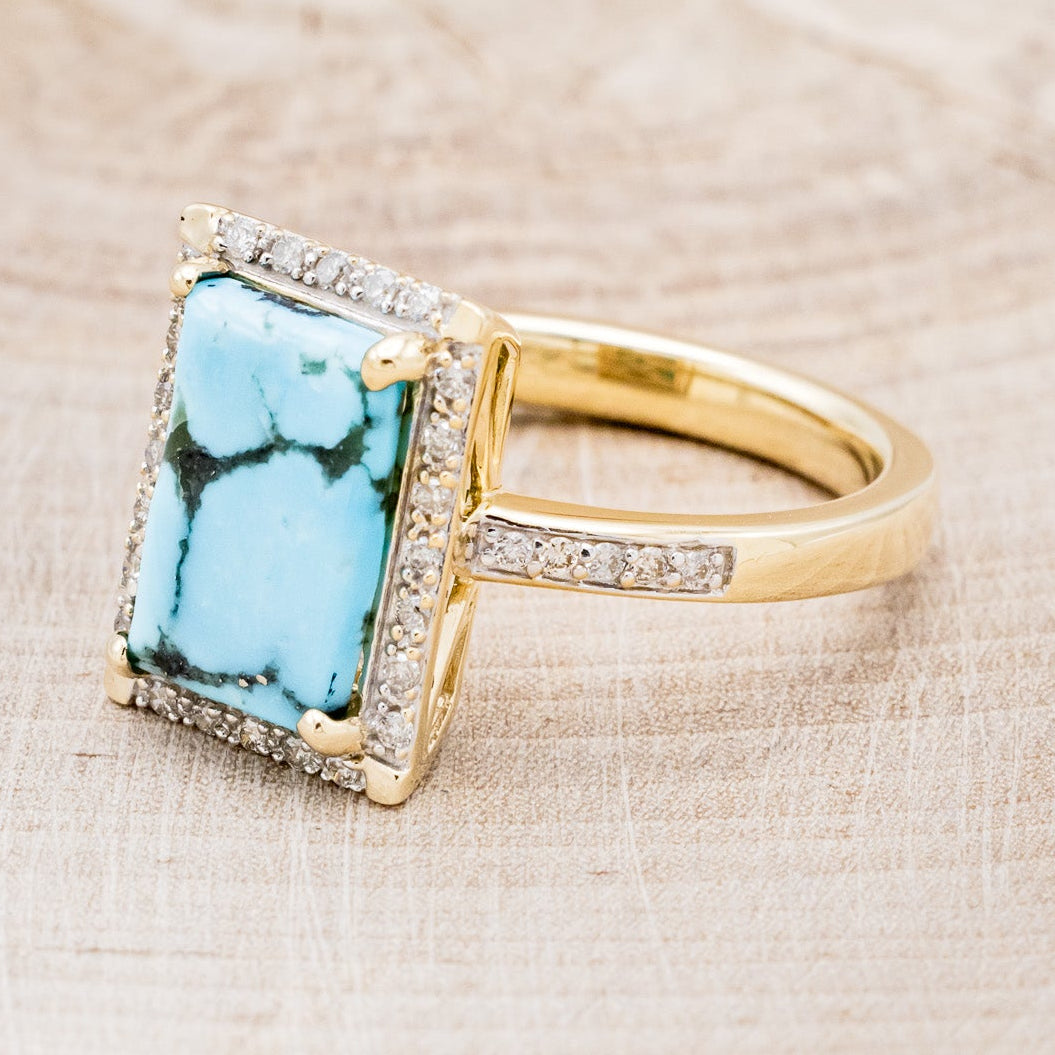 "SIENNA" - EMERALD CUT TURQUOISE ENGAGEMENT RING WITH DIAMOND HALO & ACCENTS-3