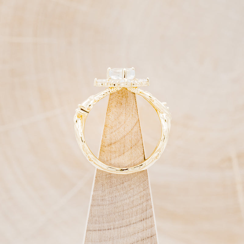 "ARTEMIS ON THE VINE DIVINE" - PEAR MOONSTONE ENGAGEMENT RING WITH DIAMOND ACCENTS & A BRANCH-STYLE BAND