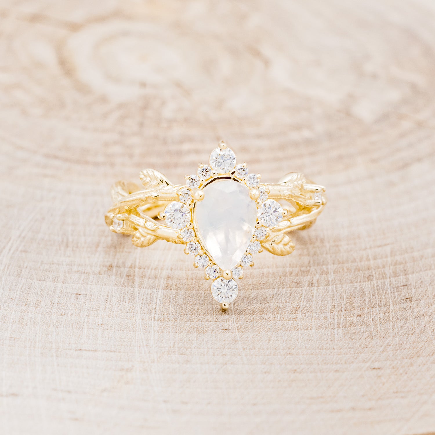 "ARTEMIS ON THE VINE DIVINE" - PEAR MOONSTONE ENGAGEMENT RING WITH DIAMOND ACCENTS & A BRANCH-STYLE BAND-10