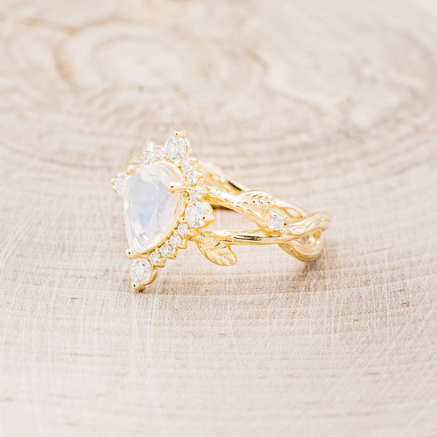 "ARTEMIS ON THE VINE DIVINE" - PEAR MOONSTONE ENGAGEMENT RING WITH DIAMOND ACCENTS & A BRANCH-STYLE BAND-9