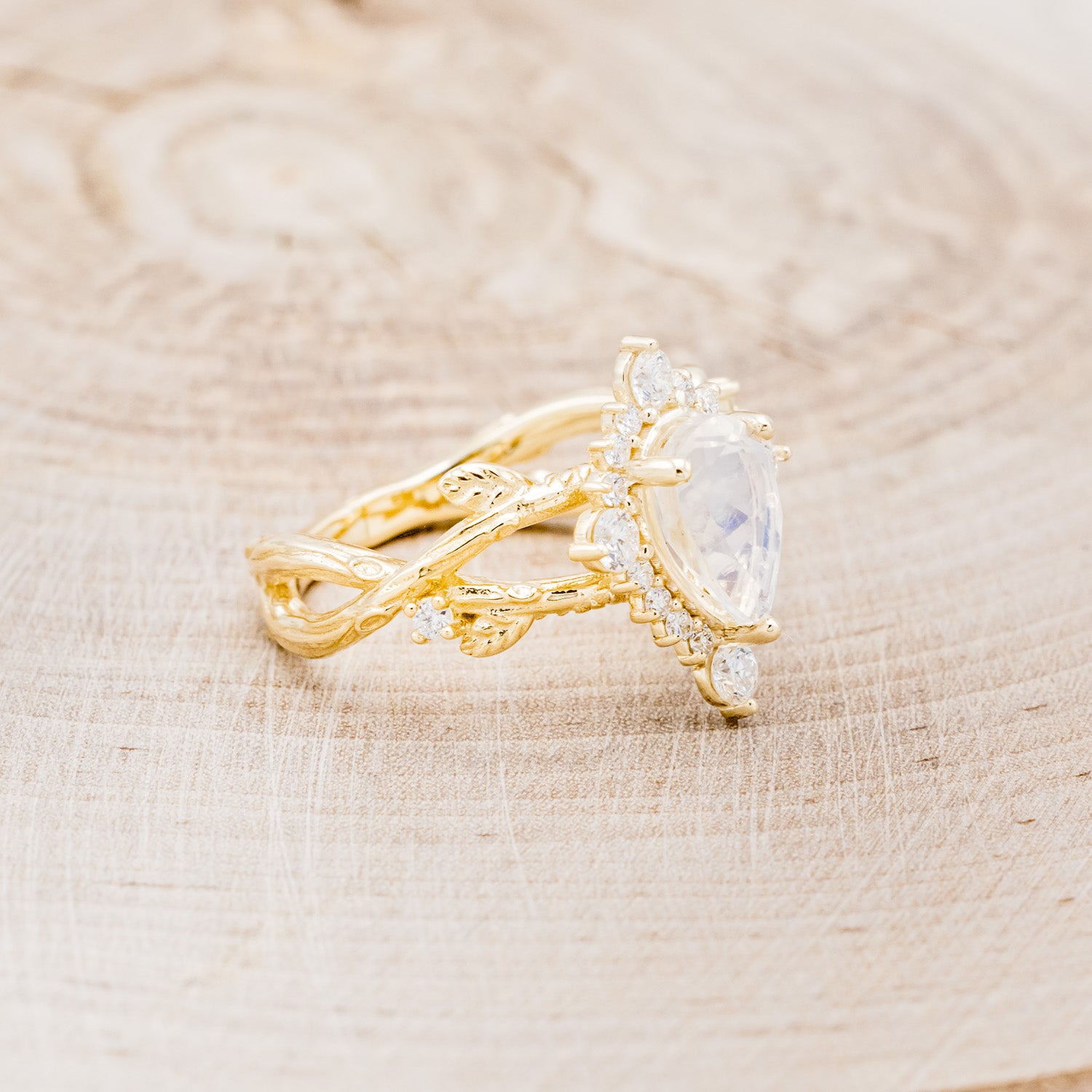 "ARTEMIS ON THE VINE DIVINE" - PEAR MOONSTONE ENGAGEMENT RING WITH DIAMOND ACCENTS & A BRANCH-STYLE BAND-8