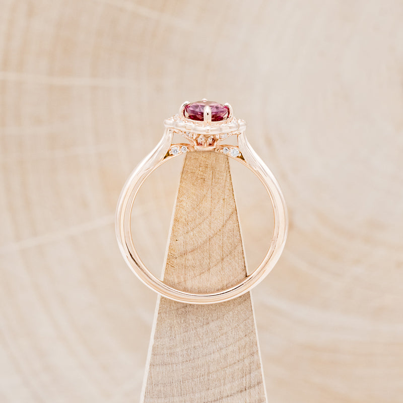 "JANE" - OVAL CUT RHODOLITE GARNET ENGAGEMENT RING WITH DIAMOND ACCENTS & TRACER