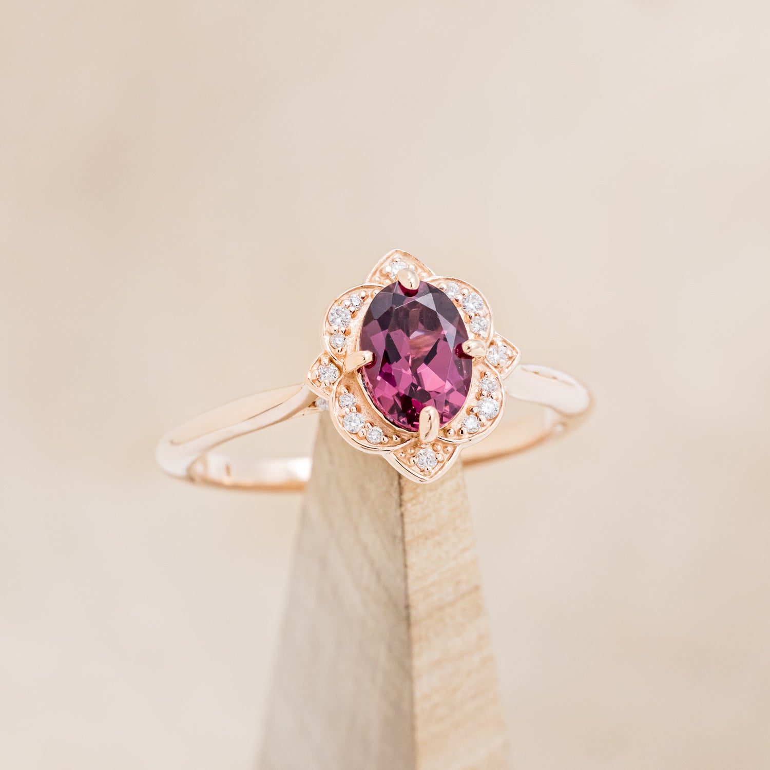 "JANE" - OVAL CUT RHODOLITE GARNET ENGAGEMENT RING WITH DIAMOND ACCENTS & TRACER-7