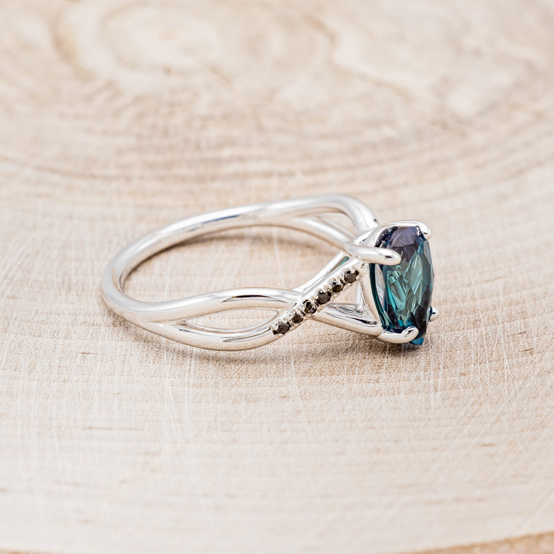 "ROSLYN" - PEAR SHAPED LAB-GROWN ALEXANDRITE ENGAGEMENT RING WITH BLACK DIAMOND ACCENTS