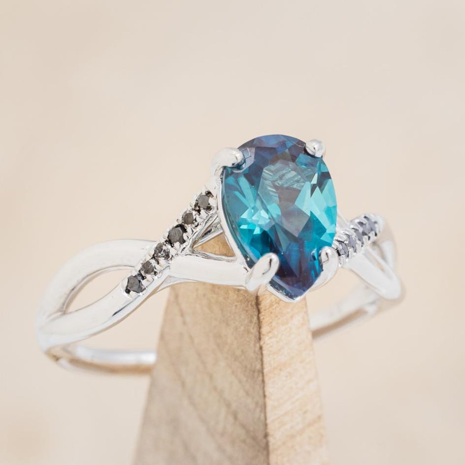 "ROSLYN" - PEAR SHAPED LAB-GROWN ALEXANDRITE ENGAGEMENT RING WITH BLACK DIAMOND ACCENTS-7