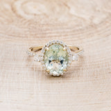 "KB" - OVAL PRASIOLITE GREEN QUARTZ ENGAGEMENT RING WITH DIAMOND HALO & ACCENTS