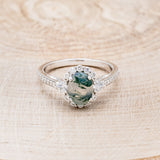 "OPHELIA" - OVAL MOSS AGATE ENGAGEMENT RING WITH DIAMOND HALO & ACCENTS