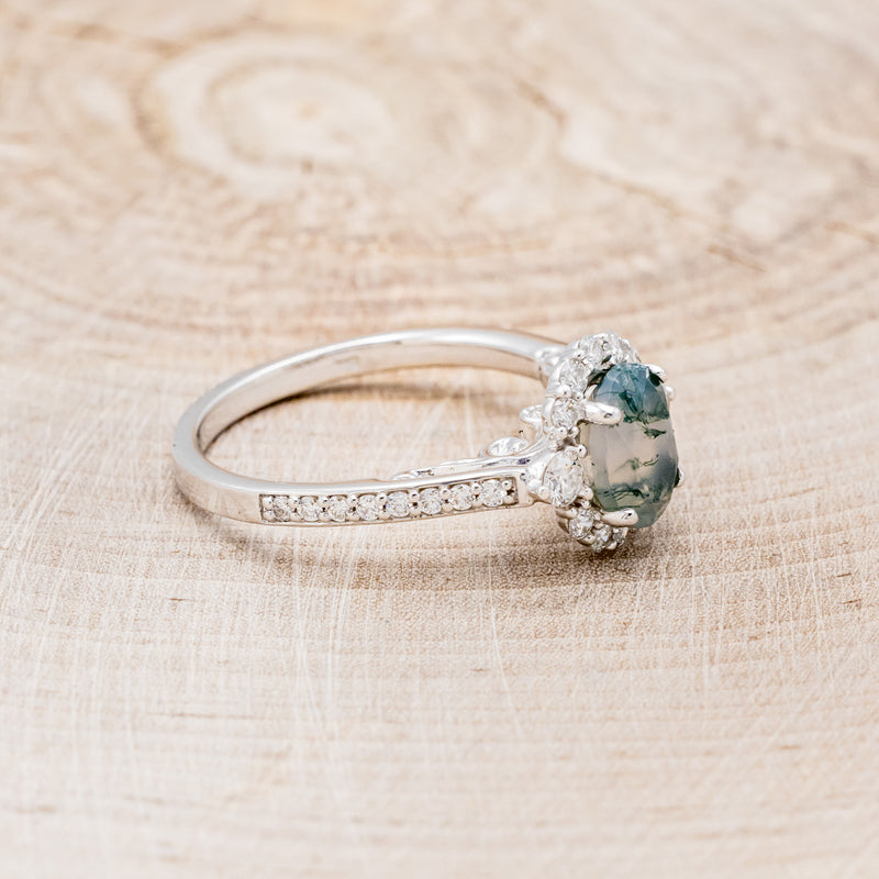 "OPHELIA" - OVAL MOSS AGATE ENGAGEMENT RING WITH DIAMOND HALO & ACCENTS-2