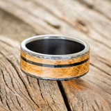 "RAINIER" - WHISKEY BARREL & OFFSET CHARRED WHISKEY BARREL WEDDING BAND WITH A HAMMERED EDGES-3