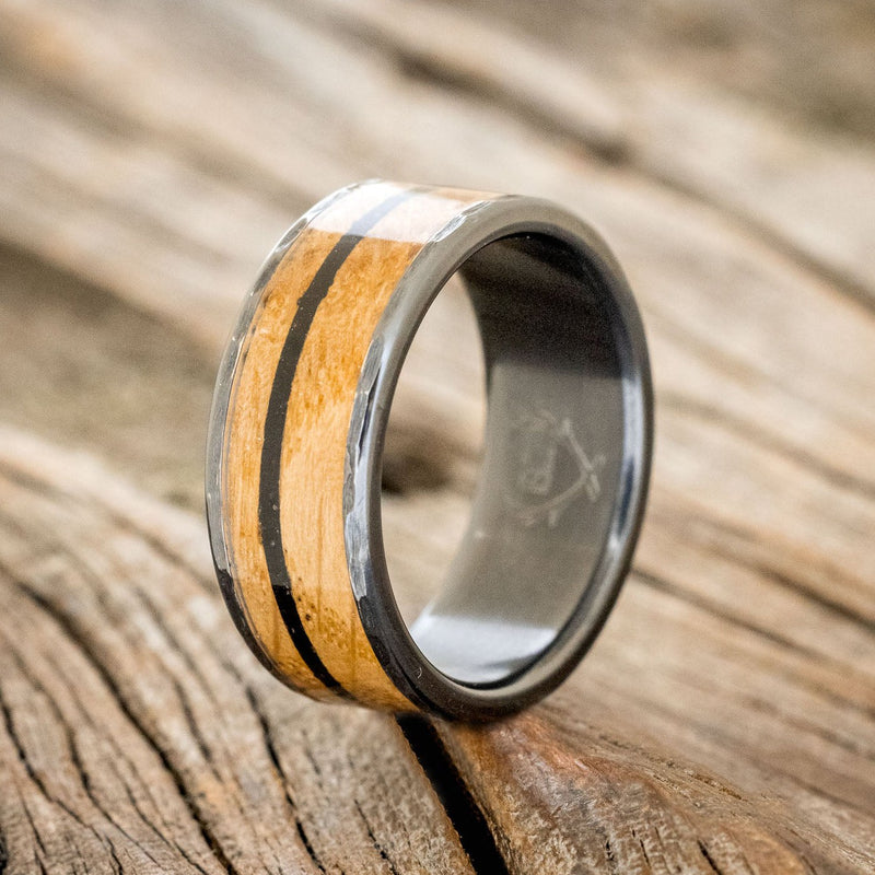 "RAINIER" - WHISKEY BARREL & OFFSET CHARRED WHISKEY BARREL WEDDING BAND WITH A HAMMERED EDGES-1