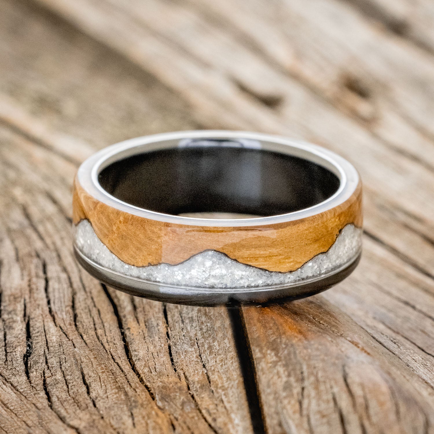 "EZRA" - WHISKEY BARREL OAK WITH DIAMOND DUST WEDDING RING-6