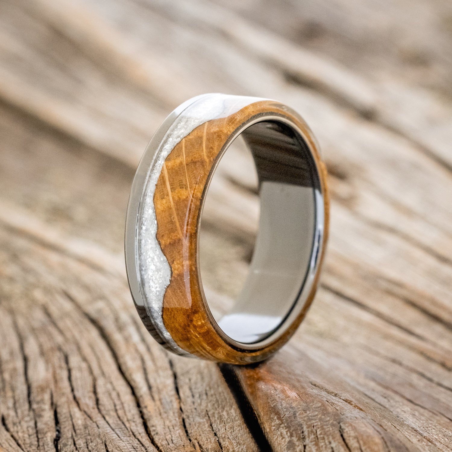 "EZRA" - WHISKEY BARREL OAK WITH DIAMOND DUST WEDDING RING-4