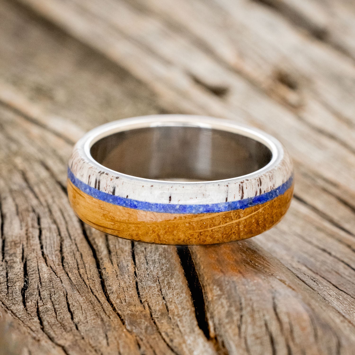 "ARGOS" - WHISKEY BARREL OAK, LAPIS LAZULI & ANTLER WEDDING BAND-3
