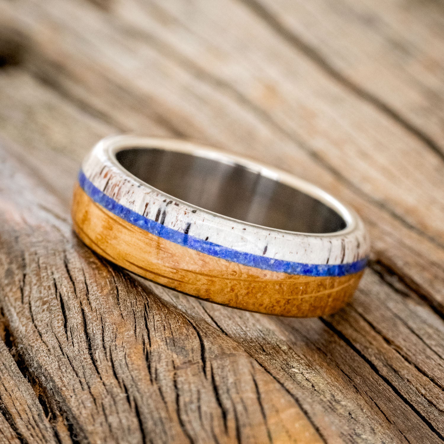 "ARGOS" - WHISKEY BARREL OAK, LAPIS LAZULI & ANTLER WEDDING BAND-2