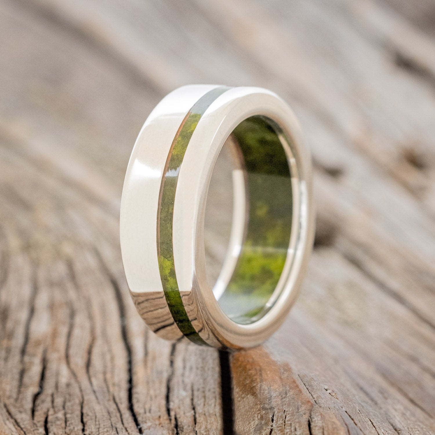 "VERTIGO" - MOSSY PATINA COPPER INLAY & LINING WEDDING RING-7
