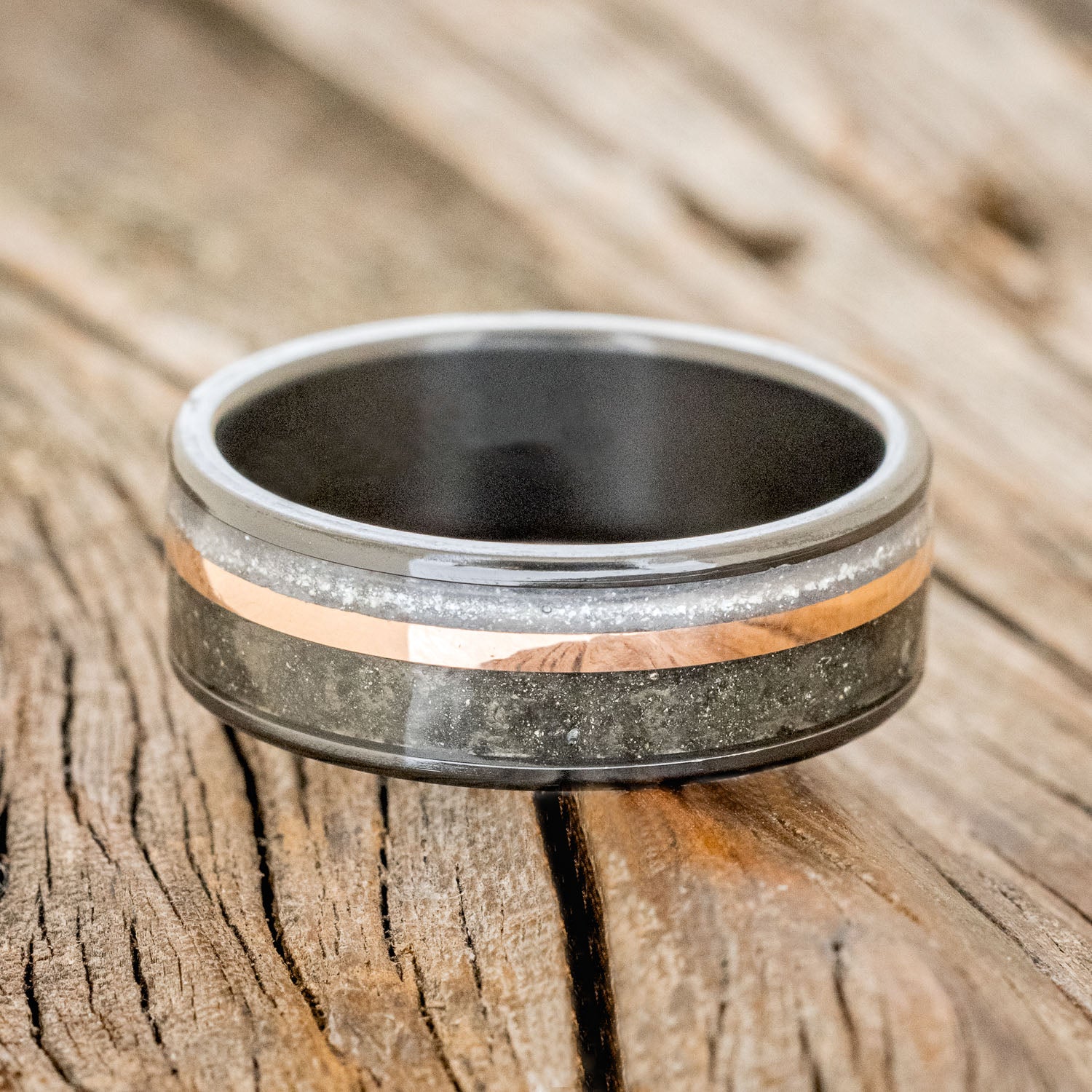 "ELEMENT" - PYRITE, DIAMOND DUST & 14K ROSE GOLD INLAY WEDDING BAND-6