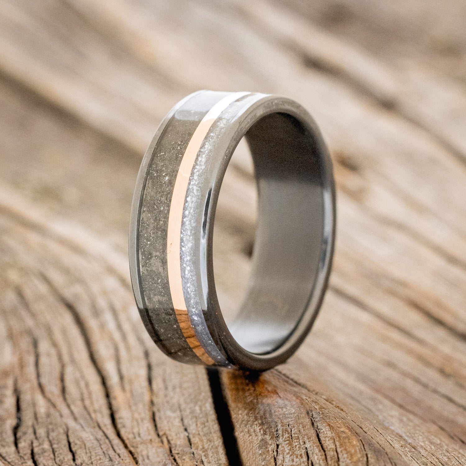 "ELEMENT" - PYRITE, DIAMOND DUST & 14K ROSE GOLD INLAY WEDDING BAND-4