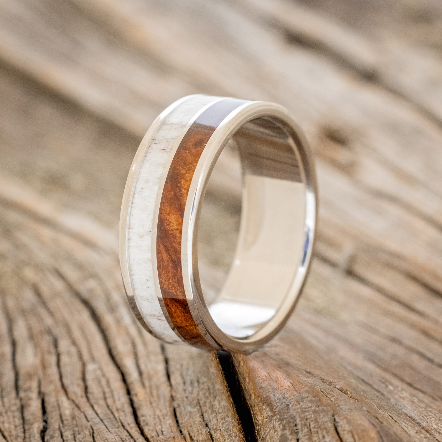 "DYAD" - MATCHING SET OF ANTLER & REDWOOD WEDDING BANDS-2