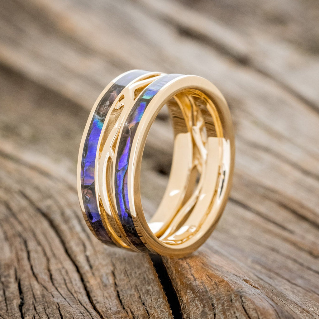 Men's Artemis - Paua Shell Wedding Ring Featuring A Band - by Staghead Designs - 14K Yellow Gold
