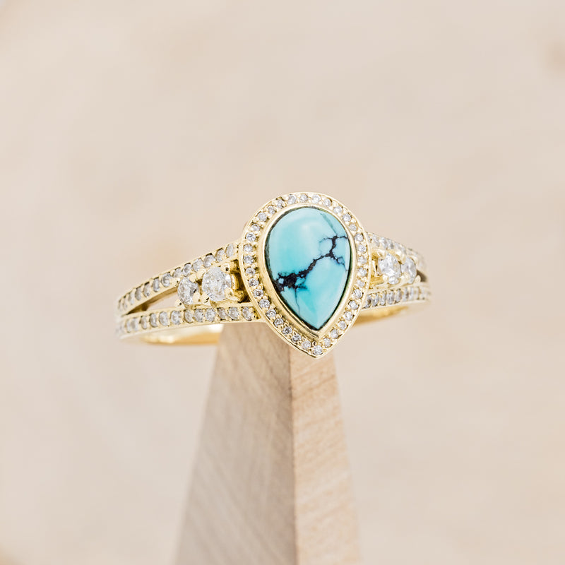 "SOFIA" - BRIDAL SUITE - PEAR SHAPED TURQUOISE ENGAGEMENT RING WITH DIAMOND HALO & TRACERS-8